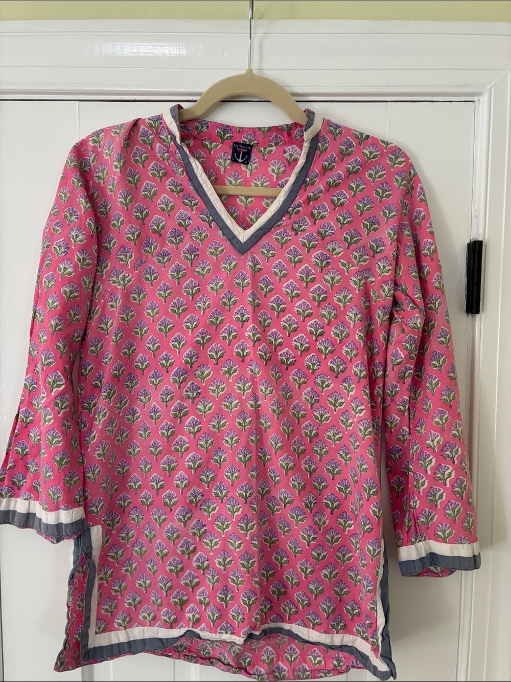 Women’s Pink Floral V-Neck Blouse with Contrast Trim